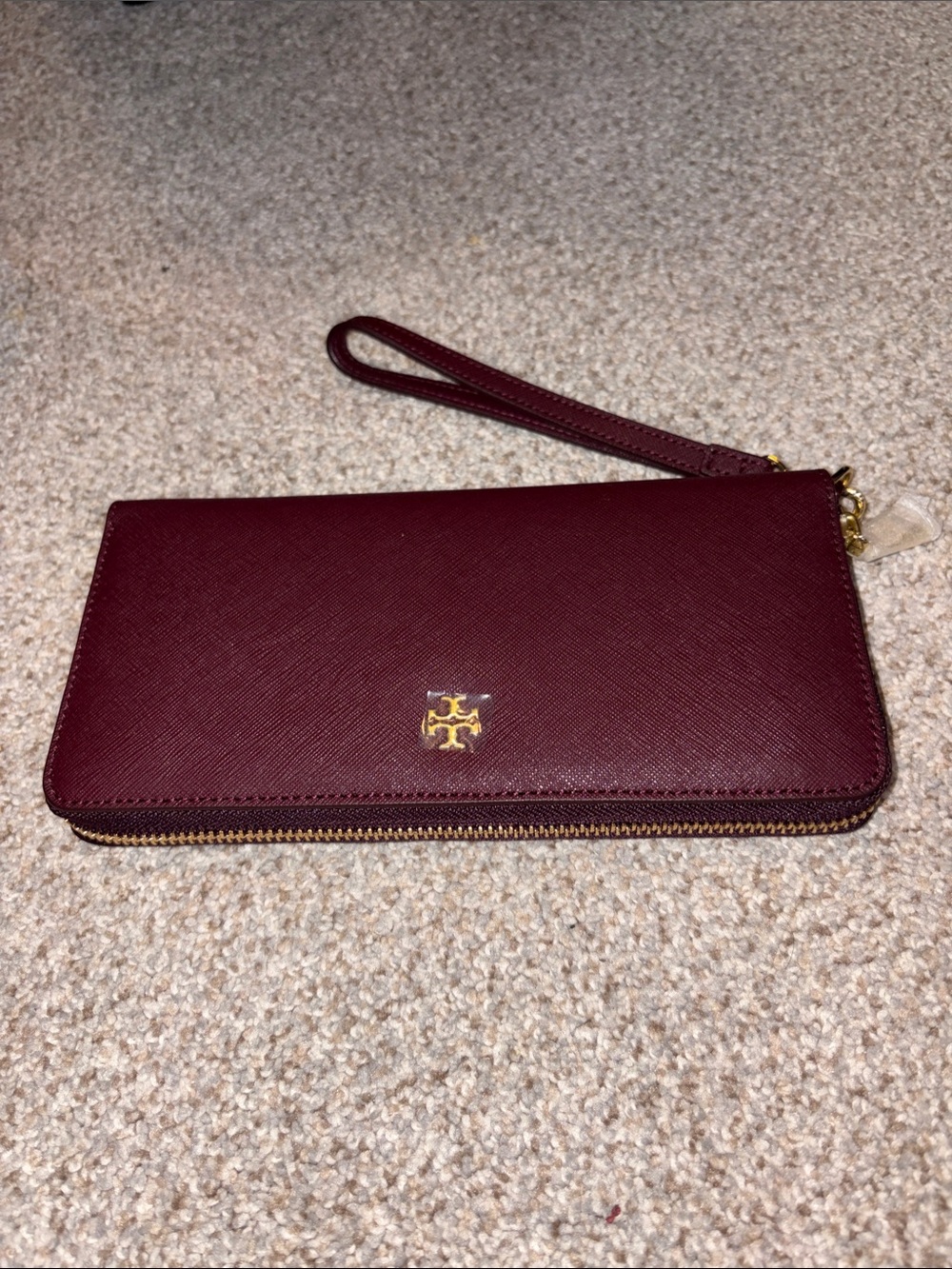 Tory Burch Dark Plum ZIp Wristlet with Gold Logo